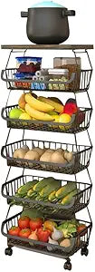 Metal Wire Baskets with Wheels, Stackable Storage Organizer for Kitchen, Bathroom, Office, Fruit & Vegetable Cart, Tableware Rack with Wooden Top