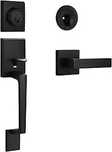 Matte Black Front Door Handle and Single Cylinder Deadbolt Combo Set, Black Exterior Door Lever, Heavy Duty Modern Front Door Lock Set, Reversible for Right & Left