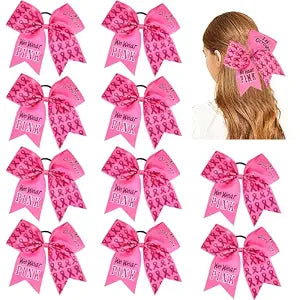 10pcs Breast Cancer Awareness Cheer Bows,7 Inches Pink Cheer Bows For Girls Women In October Cheerleading Hair Elastic Bands (Pink In October)