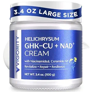 Vigority Copper Peptides Cream for Thin & Mature Skin: GHK-Cu Peptide & NAD+ Anti Aging Moisturizer with Helichrysum, Bakuchiol & Niacinamide ��� Restores Skin Barrier, Resilience & Elasticity - 3.4 oz