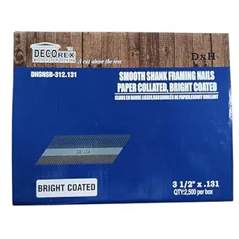 3-1/2 Inch Framing Nails  .131 Smooth Shank Paper Strip Collated, Clipped Head Nails for 3034 Framing Nail Gun, Bright Coated, 2,500 Count
