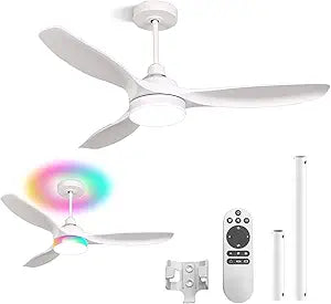 RGB Ceiling Fans with Lights 52 Inch, Quiet DC Motor LED Ceiling Fans with Remote for Bedroom, Living Room, Kitchen, 3CCT, 6 Speeds, Reversible, Dimmable, Timer, Memory, White