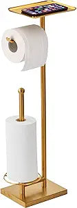 Toilet Paper Holder with Tray At the Top, Heavy-Weighted Base No Wobbly, Freestanding Toilet Paper Rolls Stand, Hold Extra 3 Paper Rolls On the Base (Gold)