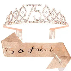 CIEHER 75th Birthday Gift Set - Crown, Sash, Pearl Pin, Decorations and Party Supplies for Women's Fabulous 75th Celebration