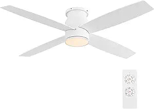 WINGBO 44 Inch Flush Mount DC Ceiling Fan with Lights and Remote, 4 Reversible Blades, Ultra Quiet 6-Speed DC Motor, Hugger Low Profile Indoor Ceiling Fan, White Finish
