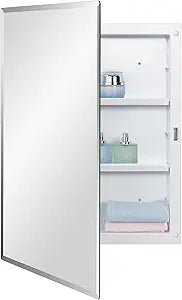 IDYLLOR Plastic Bathroom Medicine Mirror Cabinet 16 x 22 inch, Surface and Recessed Mount, Beveled Edge Mirror