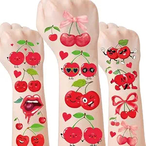Funny Cherries Temporary Tattoos Stickers - 6 Sheets 96 Pcs Cherries Birthday Party Decorations Red Cherrie Fake Tattoo for Kids Girls Fruit Themed Favors Supplies School Classroom Prizes Rewards