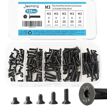 M3 x 8mm 12mm 16mm 20mm 25mm Flat Head Hex Socket Cap Screws Countersunk Bolts, 10.9 Grade Alloy Steel, Black Oxide Finish, Metric Allen Hex Drive, Fully Threaded, Assortment Kit 125Pcs