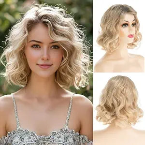 Short Wavy Blonde Wig for Women Synthetic Side Part Halloween Cosplay Hair Wig