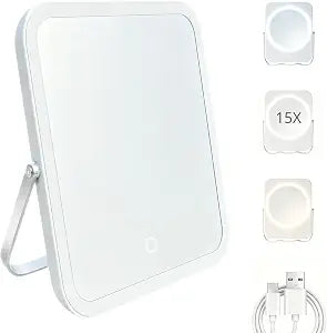 2-Sided 1x/15x, Light Up Makeup Mirror with Travel Switch, Vanity Mirror with 3 Color, 206 LEDs, 2000mah Rechargeable, Lighted Makeup Mirror with Magnification, Bathroom and Shaving Mirrors