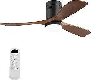 52 Inch Ceiling Fans with Lights, Low Profile Flush Mount Ceiling Fan Light with Remote Control & 3 Solid Wood Blades, Dimmable LED, Reversible Quiet DC Motor for Bedroom Patio Living Room