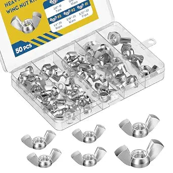 Vibit 50 Pcs Wing Nuts, 5 Sizes, 5/32"-32, 3/16"-24, 1/4"-20, 5/16"-18, 3/8"-16, Carbon Steel Zinc Plated Butterfly Nuts Assortment Kit, Hand Twist Tighten Hardware Nuts Wingnuts Fasteners Parts