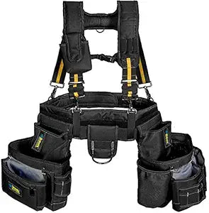 Pro Ultra Tool Belt Combo with Suspenders & Heavy Duty Tool Vest, 20-Pocket 1200D Ballistic Nylon Tool Apron Pouch, Anti-Wear Tool Belts for Framers Carpenters Electricians Roofing Workers for Men