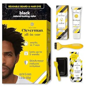 Reusable Hair & Beard Dye for Black Men – Black 1.0 | Up to 5 Uses, 7 Minutes | Natural Gray Coverage, No-Drip Cream with SkinArmour® – Cleverman