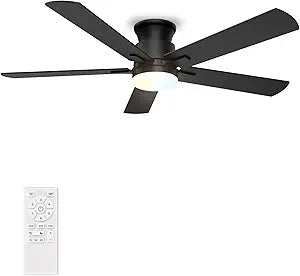 Ceiling Fans with Lights 52 Inch, Flush Mount, Remote Control, 3CCT Dimmable, 6 Speeds, Quiet Reversible DC Motor, Low Profile Hugger Ceiling Fan for Bedroom, Living Room, Indoor/Outdoor, ETL