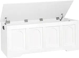 DINZI LVJ Storage Chest, 47.2" Rattan-Like Toy Box with 2 Safety Hinges, Wooden Entryway Storage Bench with Flip-Top, Large Trunk for Living Room, Bedroom, Easy Assembly, White