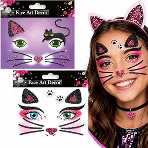 Cat Glitter Face Tattoo Stickers - Temporary Body Art Makeup for Halloween, Cosplay, Birthday Party, Festival -Waterproof Fake Tattoo Stickers - 2Pcs (Animal Design)