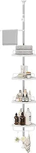 SONGMICS Corner Shower Caddy Tension Pole, 4-Tier Rust-Resistant Shower Organizer, Shower Shelf, Drill-Free, 35.8 to 118.1 Inches, Height Adjustable Trays, for Bathroom, Cloud White UBCB008W01