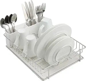 SunnyPoint 304 Stainless Steel Dish Drying Rack with Diatomaceous Earth Drainboard & Removable Utensil Caddy  Rust Resistant Countertop Dish Rack for Kitchen (Silvery-Grey)