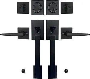 Matte Black Double French Door Handle Set, Halifax Exterior Door Lockset with Deadbolt&Lever, Reversible for Left&Right Handed