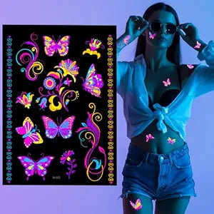20sheets Butterfly UV Reactive Glow temporary tattoos, Neon UV Blacklight Reactive Cute Tattoos Stickers, Flower Waterproof Party Supplies Decoration, Party Favors, Gift