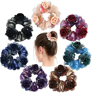 inSowni 7 Pieces Stretchy Mesh Rose Flower Hair Scrunchies Ponytail Holders Floral Hair Ties Bands Elastics Accessories for Women Girls