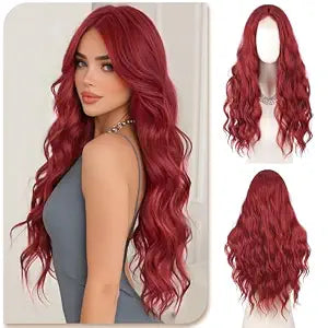 SOFEIYAN Long Wavy Burgundy Red Wigs for Women - 28 Inch Middle Part Wig Natural Looking Heat Resistant Synthetic Lace Hairline Wigs for Women Cosplay Daily Party Use