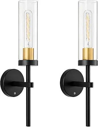 Shenmoyl Battery Operated Wall Sconces Set of 2, Black & Gold Rechargeable Wall Lighting Fixtures, Dimmable Wall Lights with Remote & Clear Glass Shade for Living Room, Bathroom,Bedroom