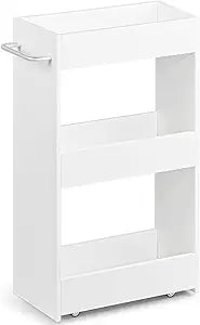 MARTY Wood Rolling Storage Cart 7.9" W, 3 Tier White Slim Utility Kitchen Cart on Wheels Laundry Room Bathroom Organizers Narrow Shelves with Handle Mobile Shelving Unit for Small Places