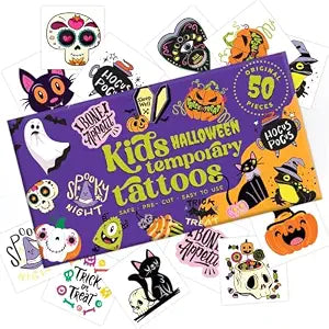 Halloween Temporary Tattoos for Kids ï¿½ï¿½ï¿½ï¿½ï¿½ï¿½ï¿½ï¿½ï¿½ 50 Pcs Pre-Cut + Water Sponge | Hypoallergenic, Non-Toxic, Skin-Safe | Trick-or-Treat Party