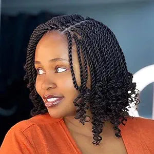 Leeven 8 Packs Wavy Senegalese Twist Crochet Hair with Curly Ends, 8 Inch Black Pre Looped Short Crochet Braids, Pre Twisted Small Hanava Twist, Synthetic Braiding Hair for Women