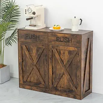 2x13 Gallon Trash Can Cabinet, Double Hidden Tilt Out Cabinet Wooden Pet Proof Trash Bin Cabinet for Kitchen, Living Room (Brown)