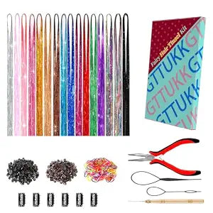 3200+ Strands Hair Tinsel Kit with Tools, 16 Colors 48 Inch Fairy Hair Extensions, Heat Resistant Holographic Glitter Sparkle Strands with Silicone Beads, Pliers & Hook for Women Party