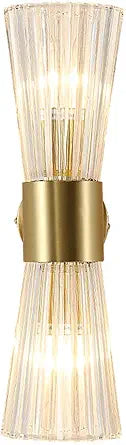 EFINEHOME Mid-Century Modern Wall Lights with Crystal Glass Shade, 2-Light Glass Bathroom Vanitys Lights Gold Wall Sconces, Indoor Up Down Wall Mounted Lamps for Living Bedroom Hallway Hardwired