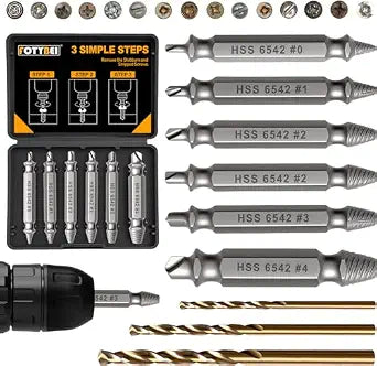 9PCS Damaged Screw Extractor Set, Hardness 65HRC, Upgraded Model HSS 6542, Removal Tool and 3 PCS Twist Drill Bit, General Bit Set Double Ended for Damaged Broken Stripped Screws