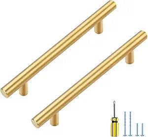 Ravinte 25 Pack 4 inch Hole Center Gold Cabinet Handles Kitchen Cabinet Handles Brushed Brass Cabinet Pulls 6-3/8" Overall Length