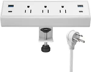 Desk Clamp Power Strip with USB C 40W Fast Charge 4 USB Ports 3 AC Outlets (White)