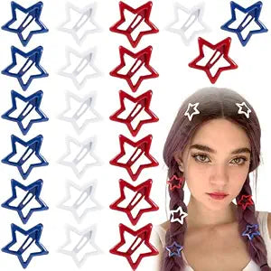 Joez Wonderful 21pcs Star Snap Hair Clips, 1.18x1.18in, 3 Colors Metal, Blue & White & Red, Cute, Non-slip, Y2k 2000s, Fashion Star Hair Barrettes for Women