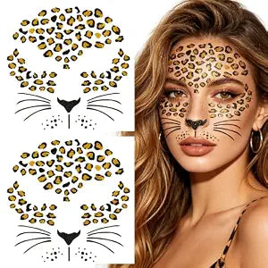2 Sheets Leopard Face Tattoos for Women, Glitter Cheetah Cat Face Stickers