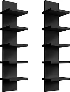 YEXEXINM 5 Tier Black Wall Shelf Unit 2 Pack, Compact Narrow Smooth Laminate Finish - Vertical Column Wall Decor Mount Floating Storage Home Decor Organizer Tall Tower Utility Shelf
