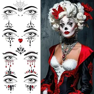 4 Pieces Face Gems Jewels Tattoos for Halloween, Day of the Dead Glitter Skull Spider Web Clown Crystals Rhinestones Makeup Stickers for Women Halloween Festival Rave Party Outfit