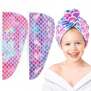 Microfiber Hair Towel Wrap for Kids Girls, Ultra Absorbent, 2 Pack