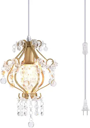 Surpars House Elegant Mini Chandelier Plug in Crystal Pendant Light,Golden