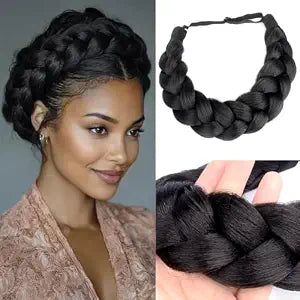 Thick Wide 2 Strands Synthetic Hair Braided Headband Hairpiece for Women Girl Kinky Straight (Natural Black)