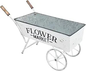 15 Inch Farmhouse Small Flower Cart with Wooden Handles Metal Wagon Planters for Outdoor Plants Decorative Wheelbarrow Plant Cart for Patio Garden Balcony White