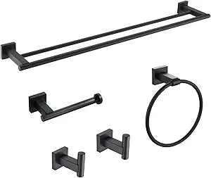 Miyili Matte Black 5-Piece Bathroom Hardware Kit Set Stainless Steel Wall Mount - Includes Double Towel Bar, Hand Towel Rack, Toilet Paper Holder, 2X Robe Hook, BS02B5