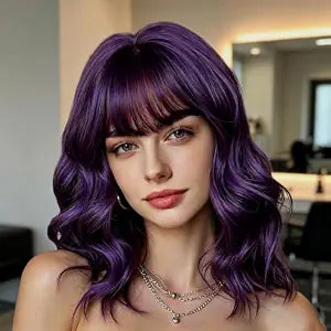Royal Purple Wigs for Women Short Bob Wavy Wig with Bangs