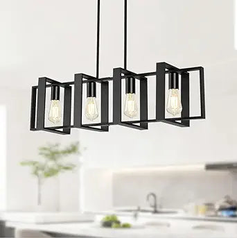 Dining Room Light Fixture, 4-Light Kitchen Island Lighting, Height Adjustable Island Lights For Kitchen, Black Linear Chandeliers For Dining Room, Metal Farmhouse Chandelier for Living Room(No Bulb)