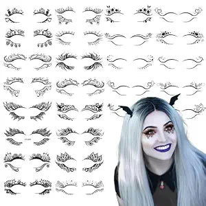 26 Pairs Halloween Face Temporary Tattoos Eyeliner Eye Shadow Tattoo Stickers Black Spider Wed Skull Patterns Eye Tattoos for Halloween Masquerade Cosplay Makeup Party Supplies