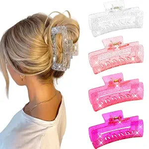 4Pcs Pink Clear Large Hair Claw Clips for Thick Thin Hair for Women